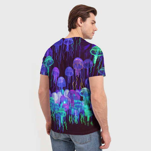Мужская футболка 3D с принтом Неоновые медузы, вид сзади #2