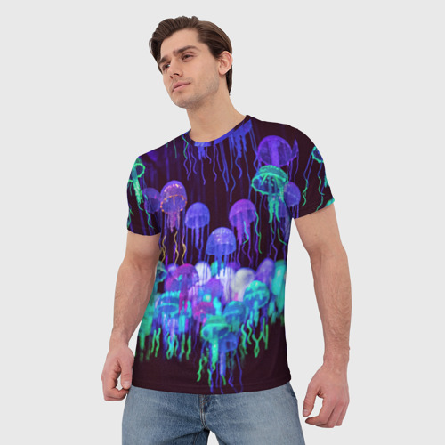 Мужская футболка 3D с принтом Неоновые медузы, фото на моделе #1