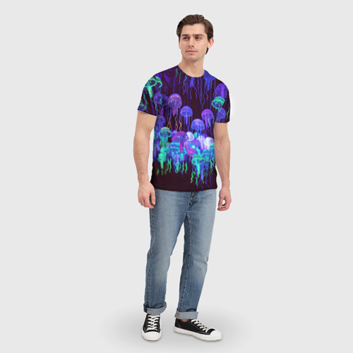 Мужская футболка 3D с принтом Неоновые медузы, вид сбоку #3