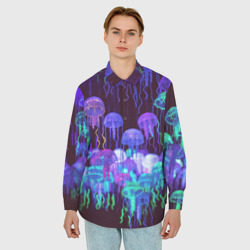 Мужская рубашка oversize 3D Неоновые медузы - фото 2