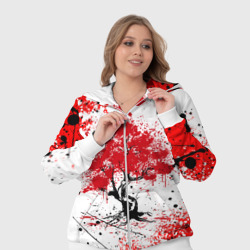 Костюм с принтом Цветение сакуры для женщины, вид на модели спереди №4. Цвет основы: белый