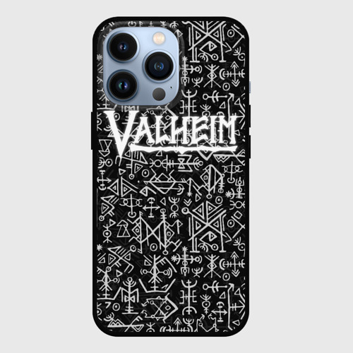 Чехол для iPhone 13 Pro с принтом Valheim logo black white, вид спереди #2
