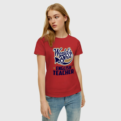 Женская футболка хлопок World\"s best English Teacher, цвет красный - фото 3