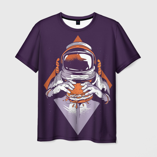 Мужская футболка с принтом Космонавт ест бургер, вид спереди №1