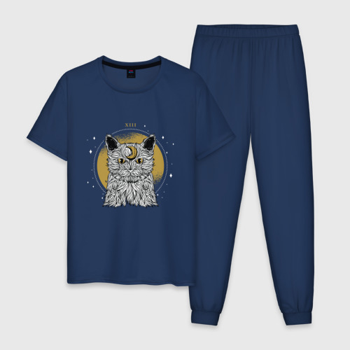 Мужская пижама хлопок Лунный котик, цвет темно-синий