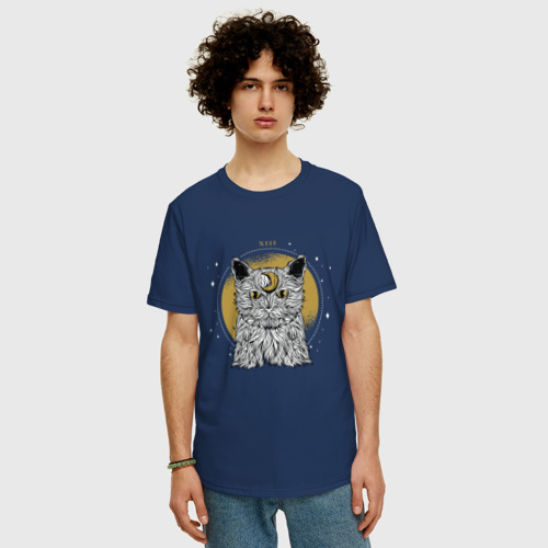 Мужская футболка хлопок Oversize Лунный котик, цвет темно-синий - фото 3