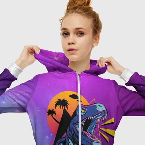 Женская толстовка 3D на молнии Retrowave Neon Dinosaur, цвет белый - фото 5