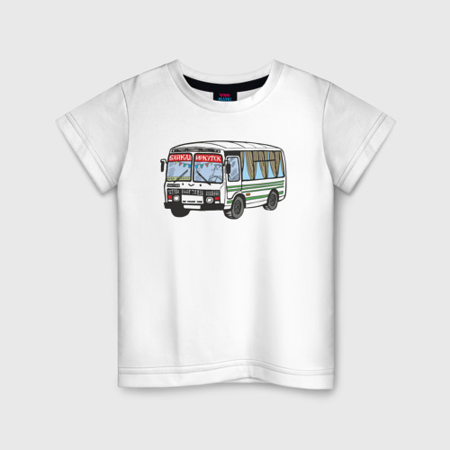 Детская футболка из хлопка с принтом Пазик на Байкал, вид спереди №1
