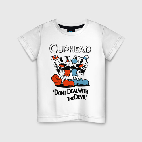 Детская футболка из хлопка с принтом Cuphead, Don't deal with devil, вид спереди №1