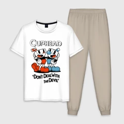 Мужская пижама с белой футболкой хлопок Cuphead, Don't deal with devil