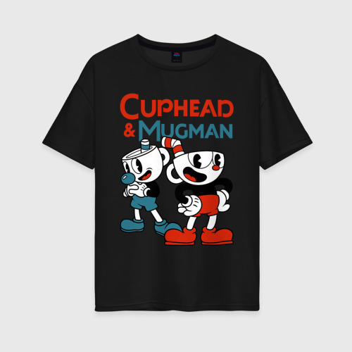 Женская футболка хлопок Oversize Cuphead & Mugman, цвет черный