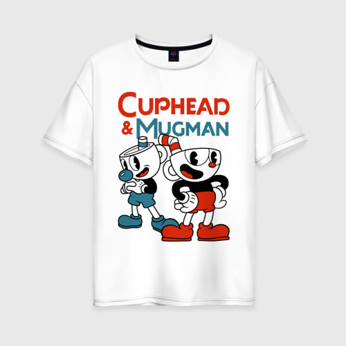 Женская футболка из хлопка оверсайз с принтом Cuphead & Mugman, вид спереди №1