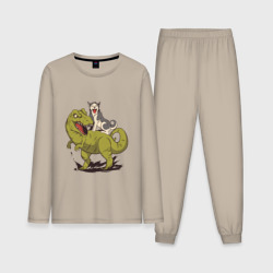 Мужская пижама с лонгсливом хлопок Хаски верхом на Динозавре