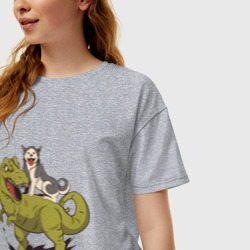 Женская футболка хлопок Oversize Хаски верхом на Динозавре - фото 2