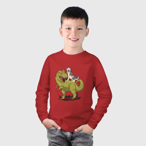 Детский лонгслив хлопок с принтом Хаски верхом на Динозавре, фото на моделе #1