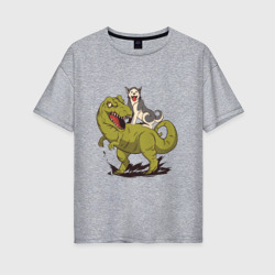 Женская футболка хлопок Oversize Хаски верхом на Динозавре