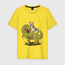 Мужская футболка хлопок Хаски верхом на Динозавре
