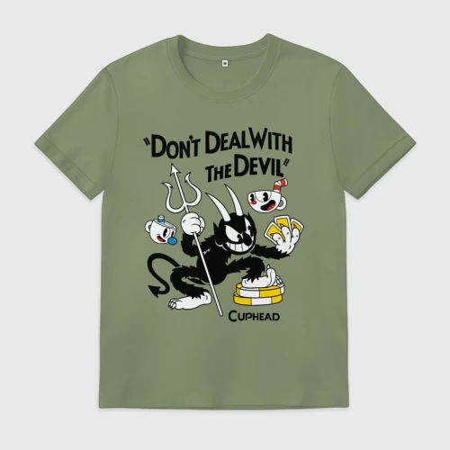 Мужская футболка хлопок с принтом Cuphead, Don't deal with devil, вид спереди #2