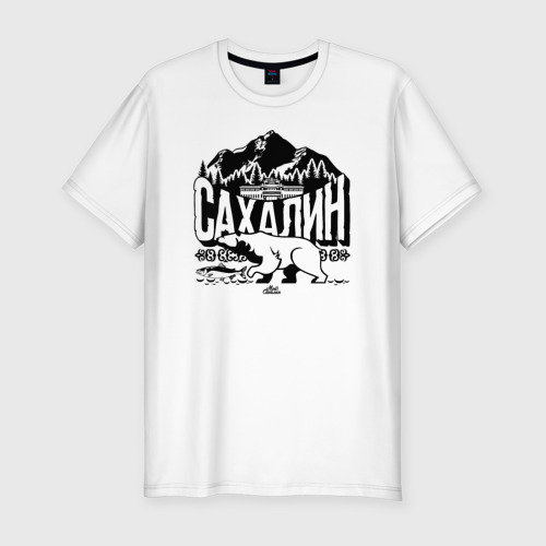 Мужская приталенная футболка из хлопка с принтом Остров Сахалин, вид спереди №1