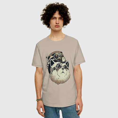 Мужская футболка хлопок Oversize Steampunk кот, цвет миндальный - фото 3