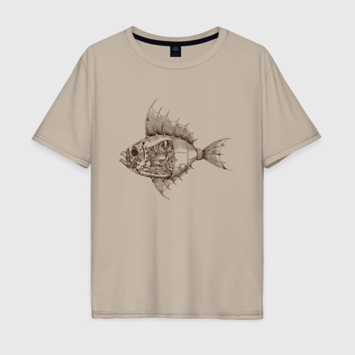 Мужская футболка хлопок Oversize Стимпанк Рыба Steampunk Fish, цвет миндальный