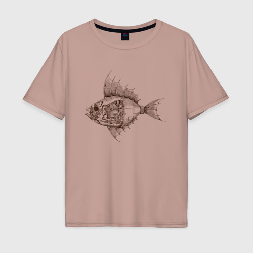 Мужская футболка хлопок Oversize Стимпанк Рыба Steampunk Fish, цвет пыльно-розовый