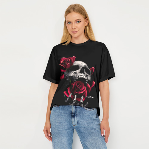 Женская футболка oversize 3D Череп и розы, цвет 3D печать - фото 5