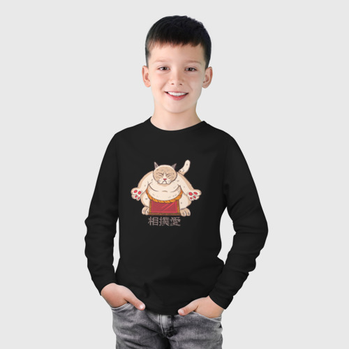 Детский лонгслив хлопок с принтом Толстый Кот Сумо, фото на моделе #1