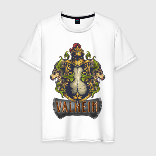 Мужская футболка из хлопка с принтом Valheim рыцарь и львы, вид спереди №1