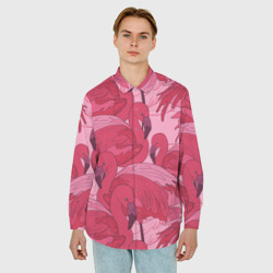 Мужская рубашка oversize 3D Розовые фламинго - фото 2