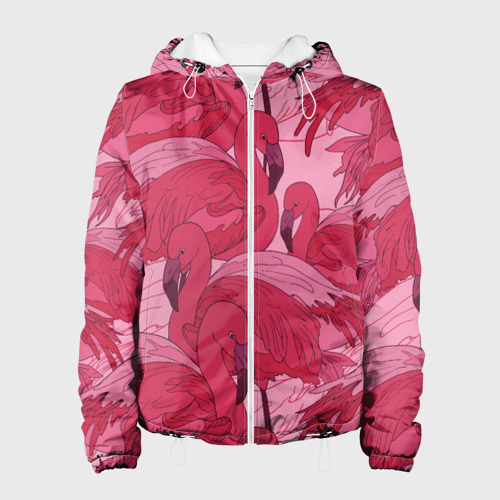Женская куртка 3D Розовые фламинго, цвет белый