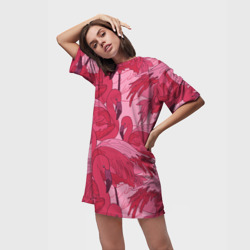 Платье с принтом Розовые фламинго для женщины, вид на модели спереди №2. Цвет основы: белый