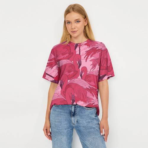 Женская футболка oversize 3D Розовые фламинго, цвет 3D печать - фото 5