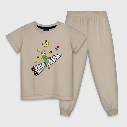 Детская пижама хлопок Маленький принц на ракете, цвет миндальный