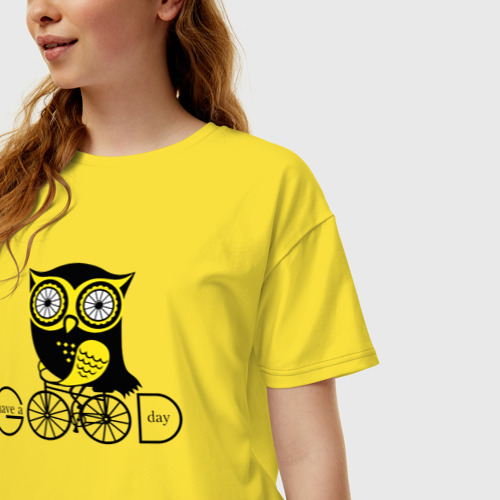 Женская футболка хлопок Oversize Сова на велосипеде, цвет желтый - фото 3