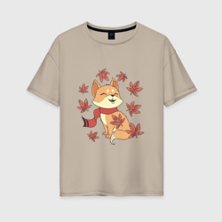 Осенний милый котик и листопад – Женская футболка хлопок Oversize с принтом купить со скидкой в -16%