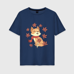 Женская футболка хлопок Oversize Осенний милый котик и листопад