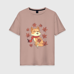 Осенний милый котик и листопад – Женская футболка хлопок Oversize с принтом купить со скидкой в -16%