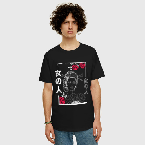 Мужская футболка хлопок Oversize Vaporwave Japanese Geisha, цвет черный - фото 3