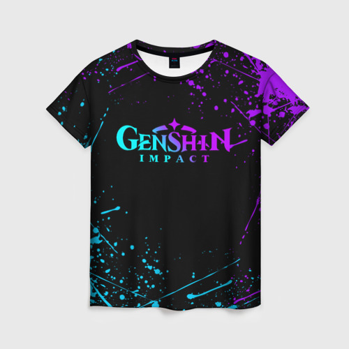 Женская футболка 3D с принтом GENSHIN IMPACT NEON LOGO, вид спереди #2