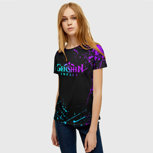 Женская футболка 3D с принтом GENSHIN IMPACT NEON LOGO, фото на моделе #1