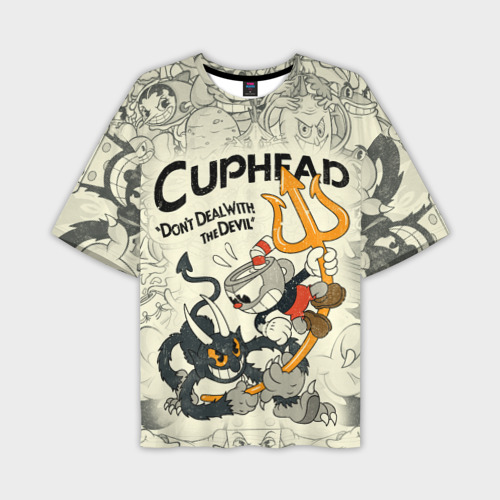 Мужская футболка оверсайз с принтом Cuphead and Devil, вид спереди №1