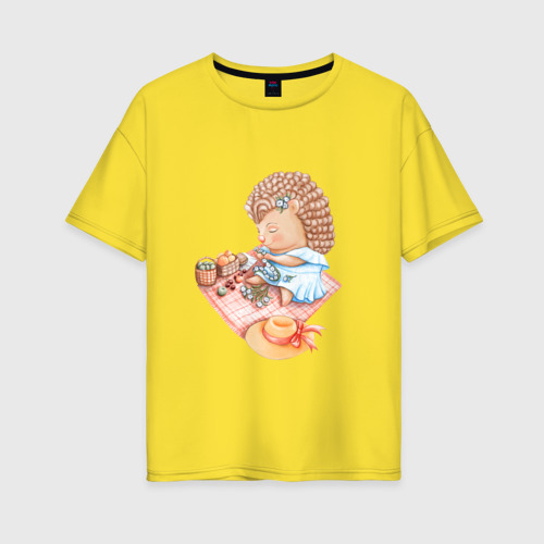 Женская футболка хлопок Oversize с принтом Девушка-ежик плетет венок, вид спереди #2