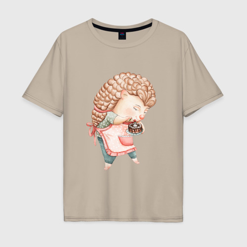 Мужская футболка хлопок Oversize Девушка-ежик и тортик, цвет миндальный