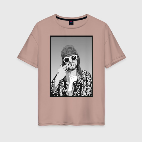 Женская футболка хлопок Oversize Курт Кобейн Nirvana чб, цвет пыльно-розовый