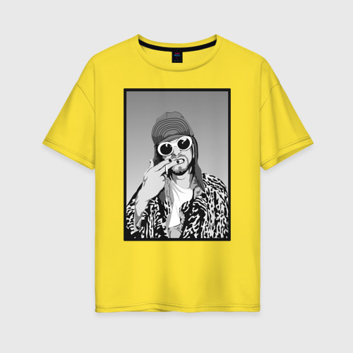 Женская футболка хлопок Oversize с принтом Курт Кобейн Nirvana чб, вид спереди #2