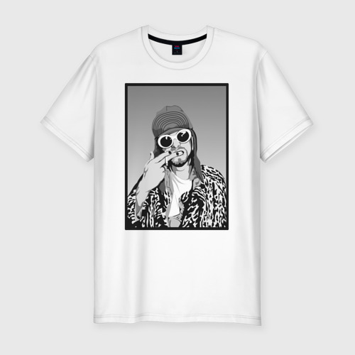 Мужская приталенная футболка из хлопка с принтом Курт Кобейн Nirvana чб, вид спереди №1