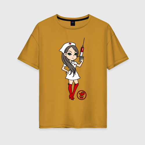 Женская футболка хлопок Oversize Медсестра со шприцом, цвет горчичный