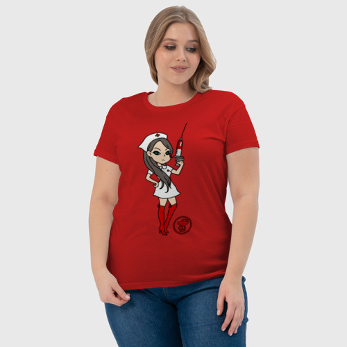 Женская футболка хлопок Медсестра со шприцом, цвет красный - фото 6