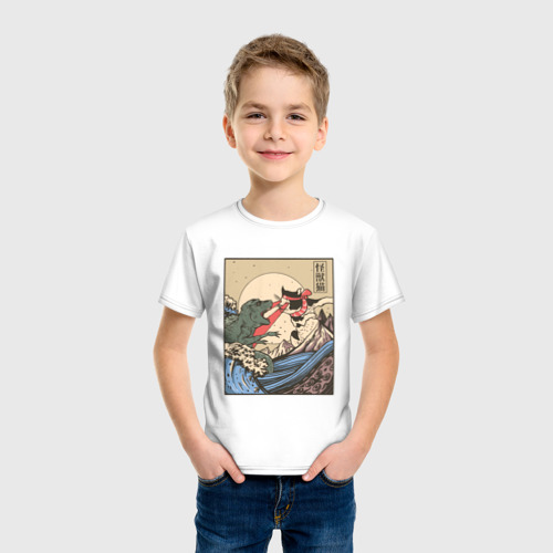 Детская футболка хлопок с принтом Cat Kong versus Godzilla Kaiju, фото на моделе #1